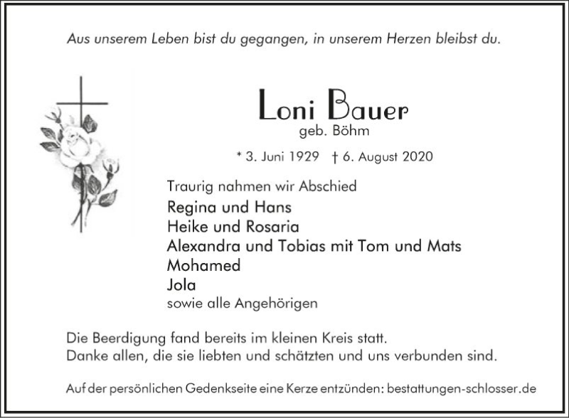  Traueranzeige für Loni Bauer vom 11.08.2020 aus Mannheimer Morgen