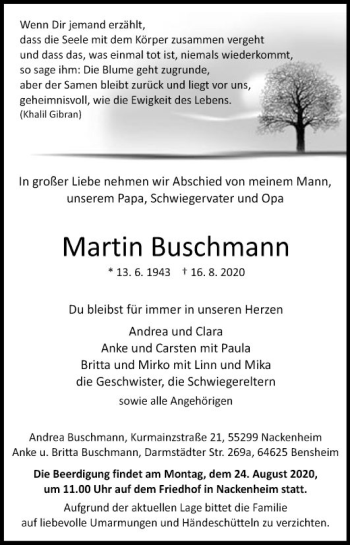 Traueranzeige von Martin Buschmann von Bergsträßer Anzeiger