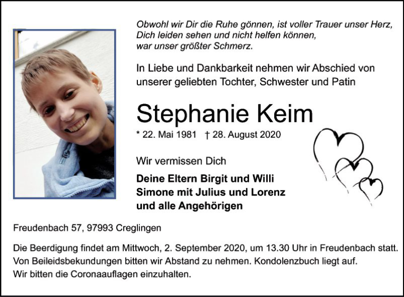  Traueranzeige für Stephanie Keim vom 01.09.2020 aus Fränkische Nachrichten