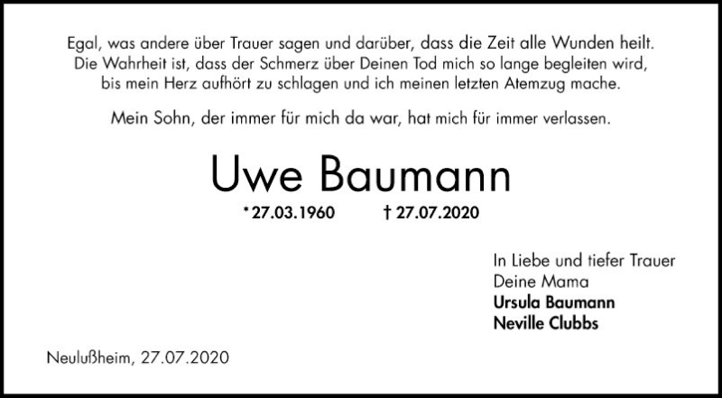  Traueranzeige für Uwe Baumann vom 05.08.2020 aus Schwetzinger Zeitung
