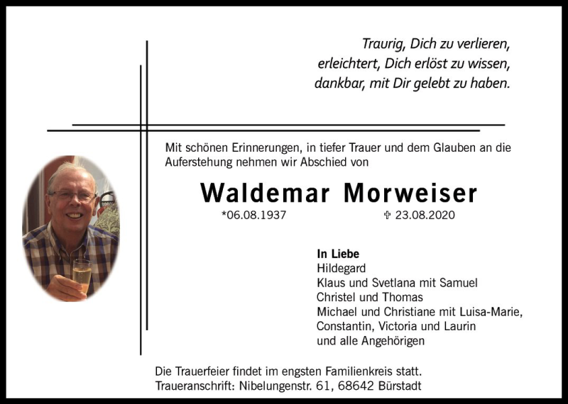  Traueranzeige für Waldemar Morweiser vom 26.08.2020 aus Mannheimer Morgen