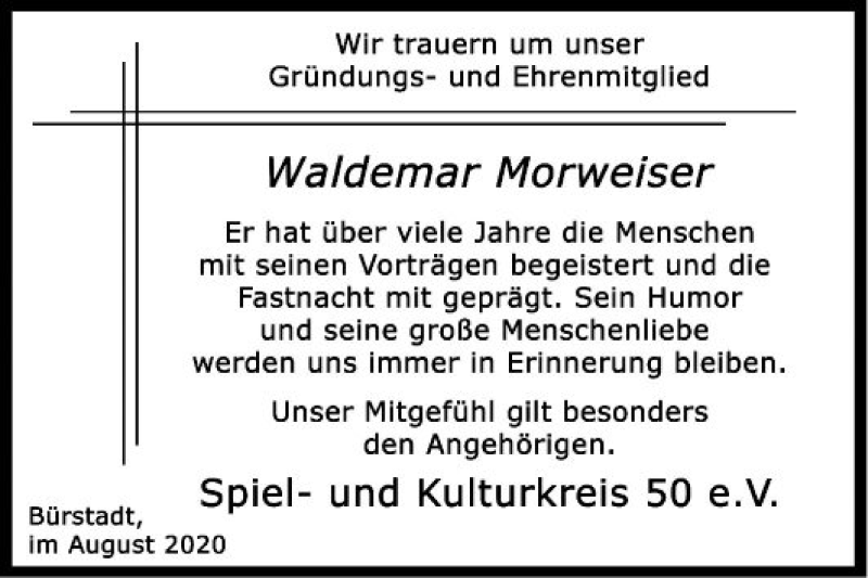  Traueranzeige für Waldemar Morweiser vom 26.08.2020 aus Mannheimer Morgen