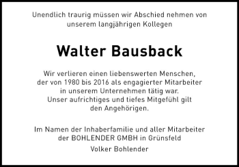 Traueranzeige von Walter Bausback von Fränkische Nachrichten