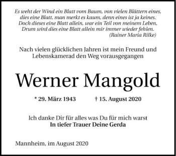 Traueranzeige von Werner Mangold von Mannheimer Morgen