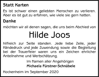 Traueranzeige von Hilde Joos von Schwetzinger Zeitung