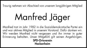 Traueranzeige von Manfred Jäger von Schwetzinger Zeitung