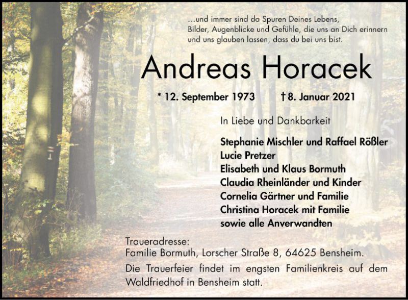 Traueranzeige für Andreas Horacek vom 16.01.2021 aus Bergsträßer Anzeiger
