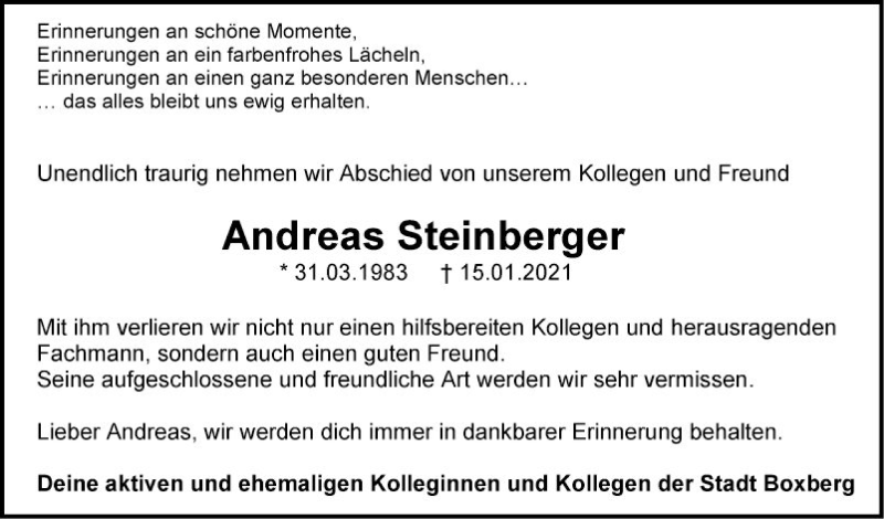  Traueranzeige für Andreas Steinberger vom 21.01.2021 aus Fränkische Nachrichten
