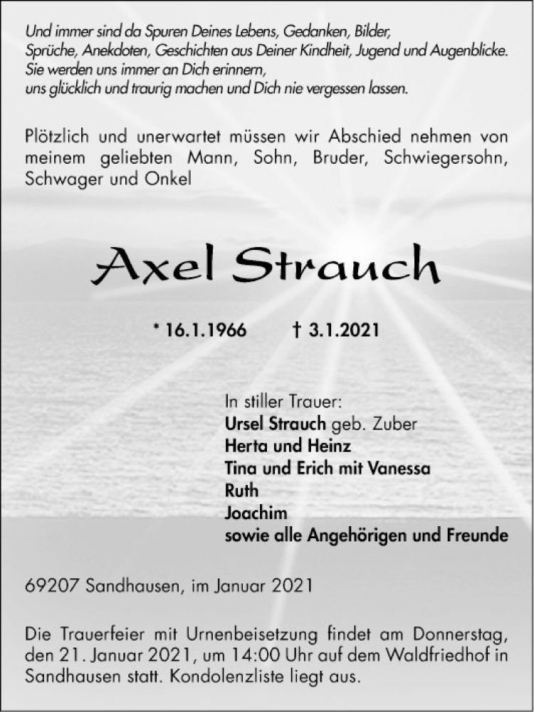  Traueranzeige für Axel Strauch vom 16.01.2021 aus Mannheimer Morgen