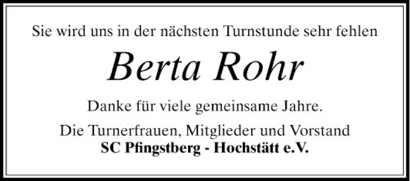  Traueranzeige für Berta Rohr vom 16.01.2021 aus Mannheimer Morgen