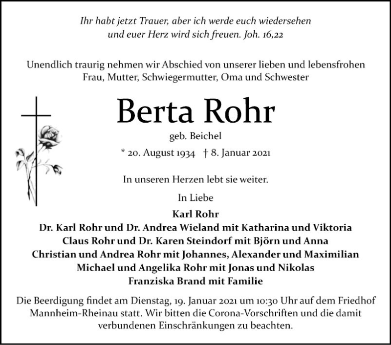  Traueranzeige für Berta Rohr vom 16.01.2021 aus Mannheimer Morgen