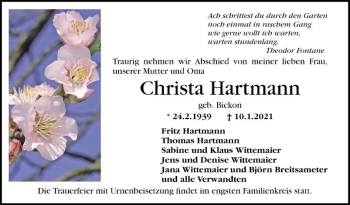 Traueranzeige von Christa Hartmann von Mannheimer Morgen