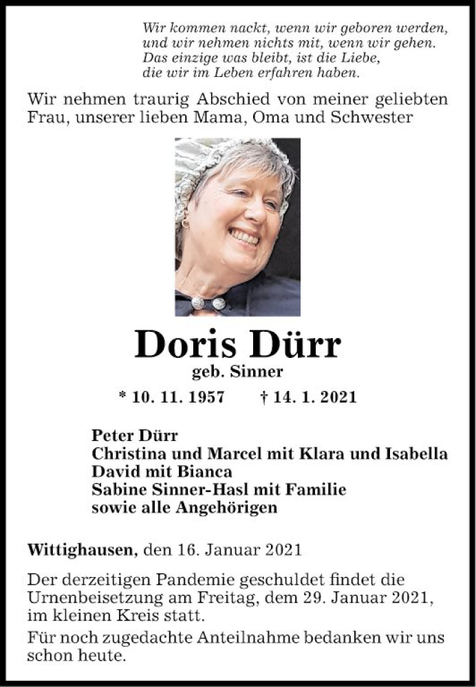  Traueranzeige für Doris Dürr vom 16.01.2021 aus Fränkische Nachrichten