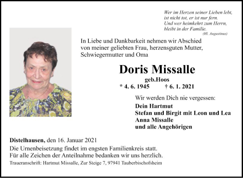  Traueranzeige für Doris Missalle vom 16.01.2021 aus Fränkische Nachrichten