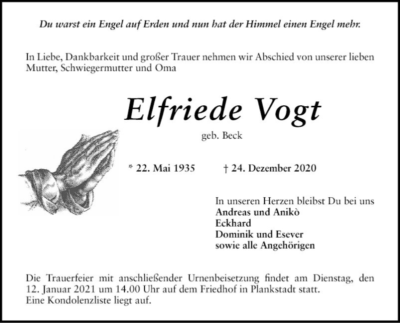  Traueranzeige für Elfriede Vogt vom 09.01.2021 aus Schwetzinger Zeitung