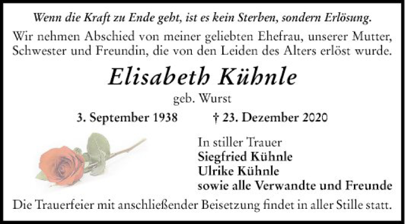  Traueranzeige für Elisabeth Kühnle vom 09.01.2021 aus Mannheimer Morgen