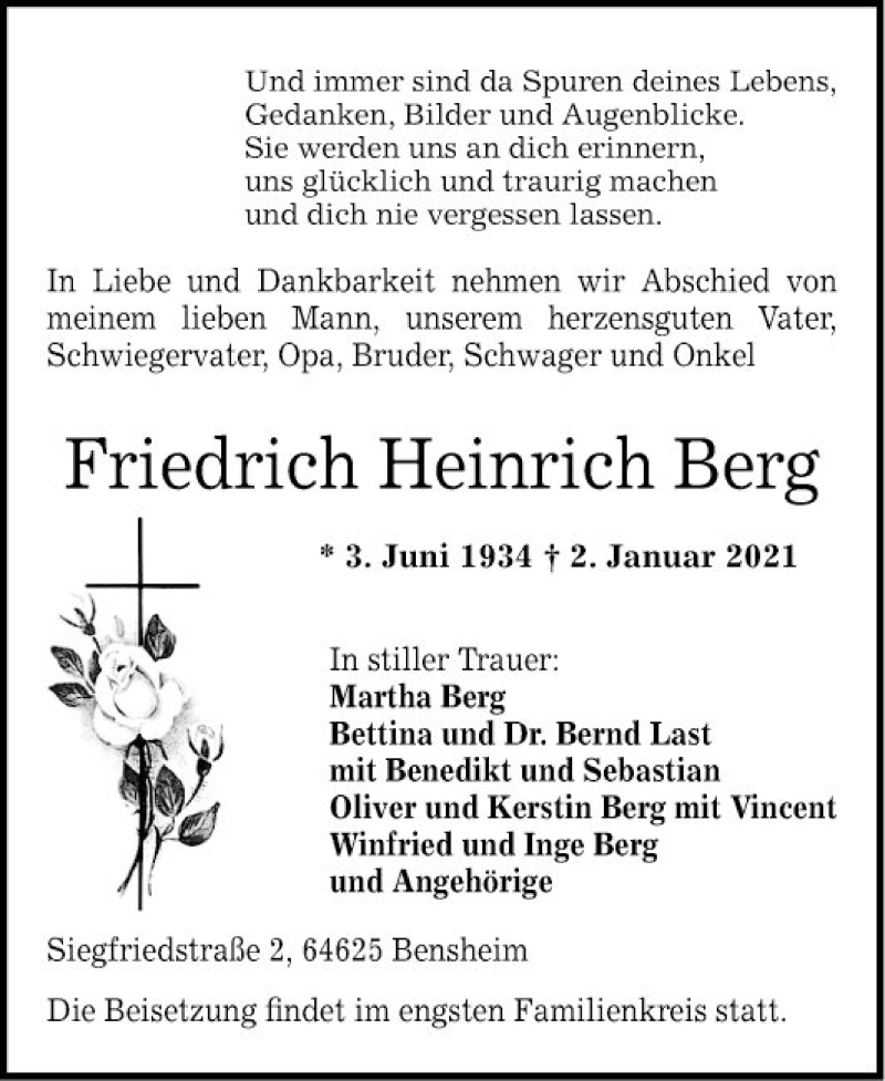  Traueranzeige für Friedrich Heinrich Berg vom 09.01.2021 aus Bergsträßer Anzeiger