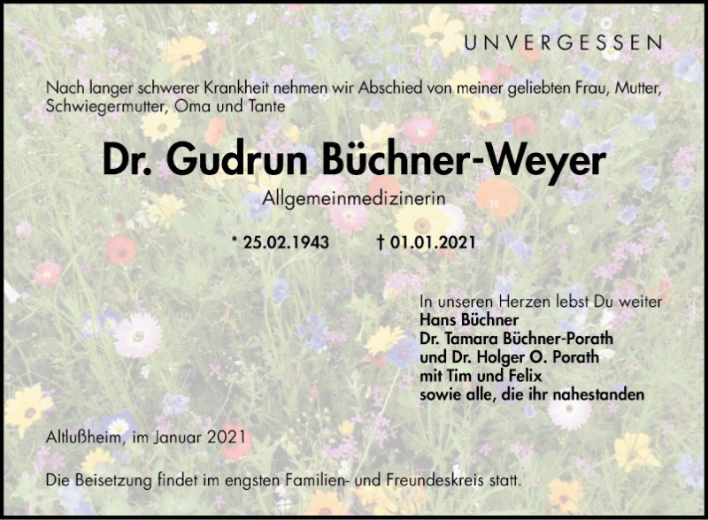 Traueranzeige für Gudrun Büchner-Weyer vom 09.01.2021 aus Schwetzinger Zeitung