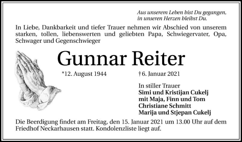  Traueranzeige für Gunnar Reiter vom 09.01.2021 aus Mannheimer Morgen