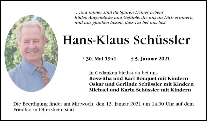  Traueranzeige für Hans-Klaus Schüssler vom 09.01.2021 aus Schwetzinger Zeitung