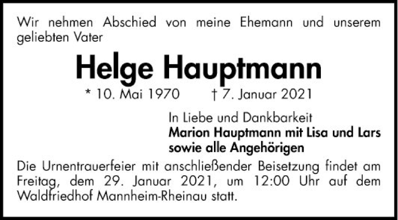  Traueranzeige für Helge Hauptmann vom 16.01.2021 aus Mannheimer Morgen