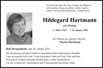 Traueranzeige von Hildegard Hartmann von Fränkische Nachrichten