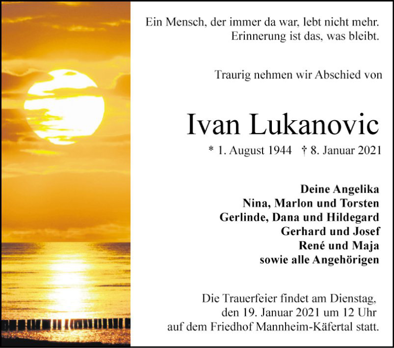  Traueranzeige für Ivan Lukanovic vom 16.01.2021 aus Mannheimer Morgen