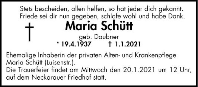  Traueranzeige für Maria Schütt vom 16.01.2021 aus Mannheimer Morgen