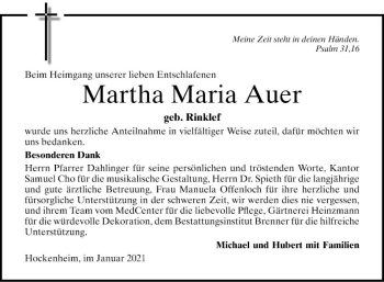 Traueranzeige von Martha Maria Auer von Schwetzinger Zeitung