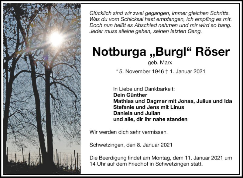  Traueranzeige für Notburga Röser vom 08.01.2021 aus Schwetzinger Zeitung