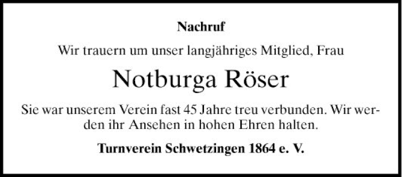  Traueranzeige für Notburga Röser vom 13.01.2021 aus Schwetzinger Zeitung