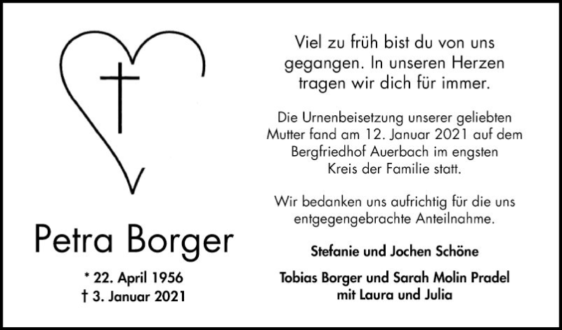  Traueranzeige für Petra Borger vom 16.01.2021 aus Bergsträßer Anzeiger