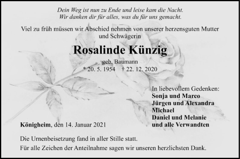  Traueranzeige für Rosalinde Künzig vom 14.01.2021 aus Fränkische Nachrichten