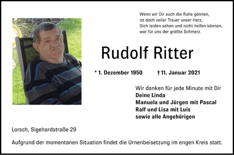  Traueranzeige für Rudolf Ritter vom 16.01.2021 aus Bergsträßer Anzeiger