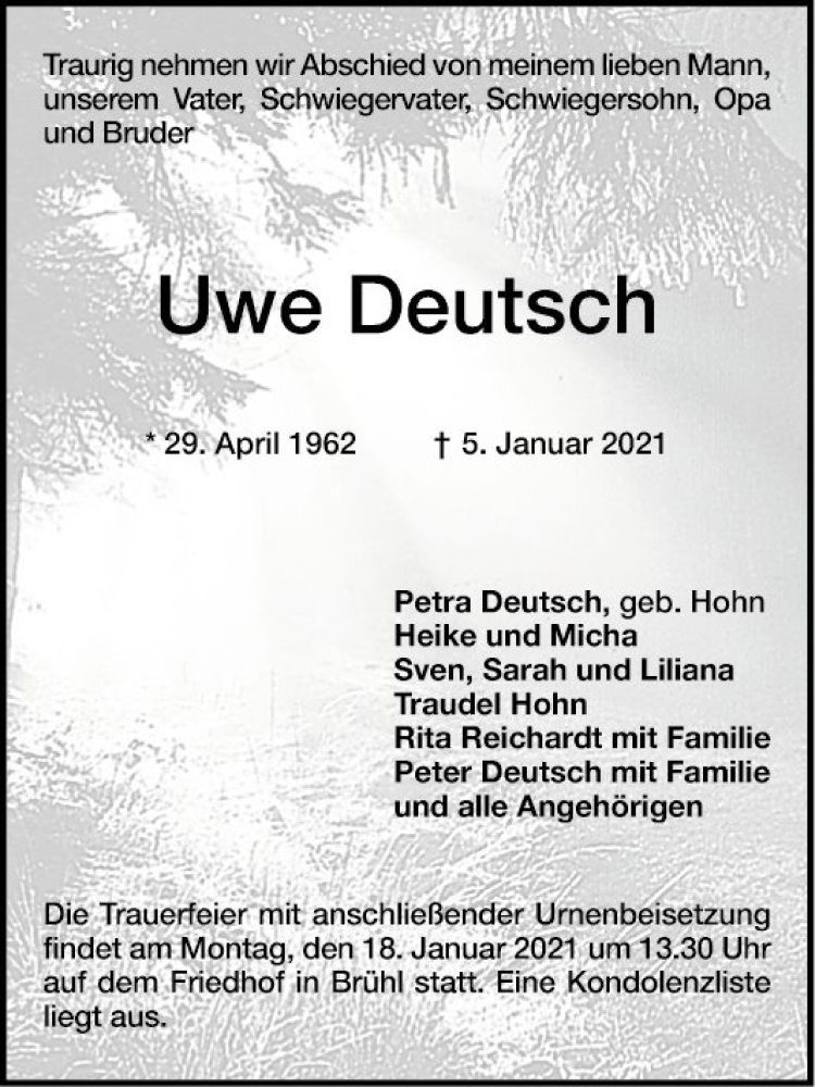  Traueranzeige für Uwe Deutsch vom 15.01.2021 aus Schwetzinger Zeitung