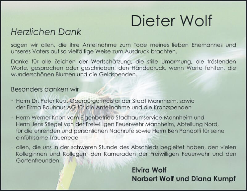  Traueranzeige für Dieter Wolf vom 16.10.2021 aus Mannheimer Morgen