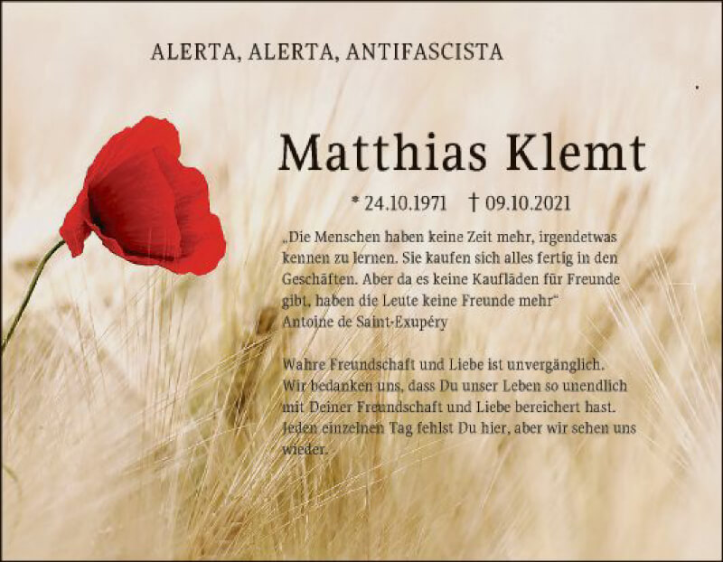  Traueranzeige für Matthias Klemt vom 16.10.2021 aus 