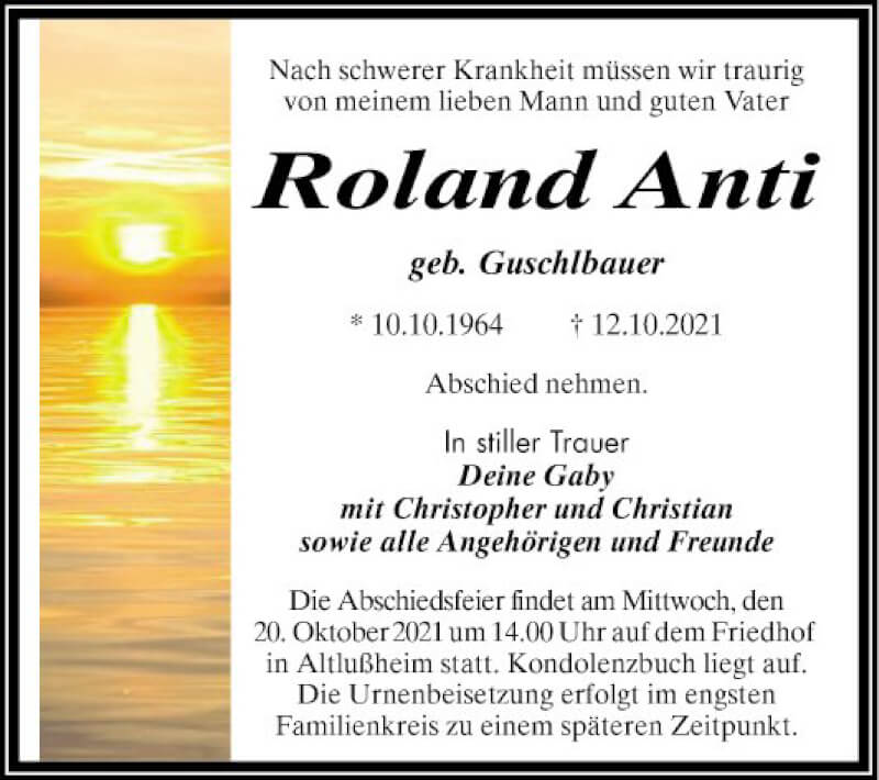  Traueranzeige für Roland Anti vom 16.10.2021 aus Schwetzinger Zeitung