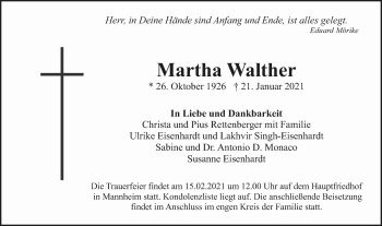 Traueranzeige von Martha Walther von Mannheimer Morgen