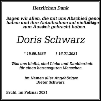 Traueranzeige von Doris Schwarz von Schwetzinger Zeitung