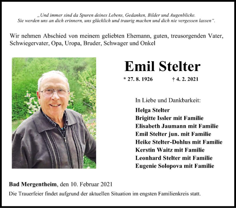  Traueranzeige für Emil Stelter vom 10.02.2021 aus Fränkische Nachrichten