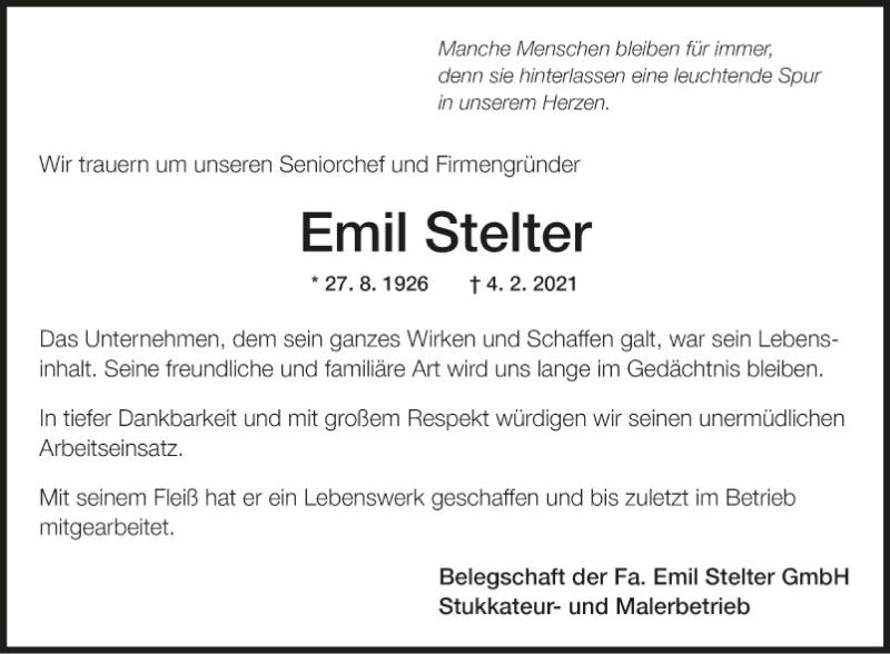  Traueranzeige für Emil Stelter vom 10.02.2021 aus Fränkische Nachrichten