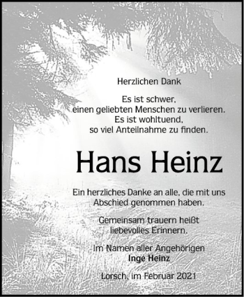 Traueranzeige von Hans Heinz von Bergsträßer Anzeiger