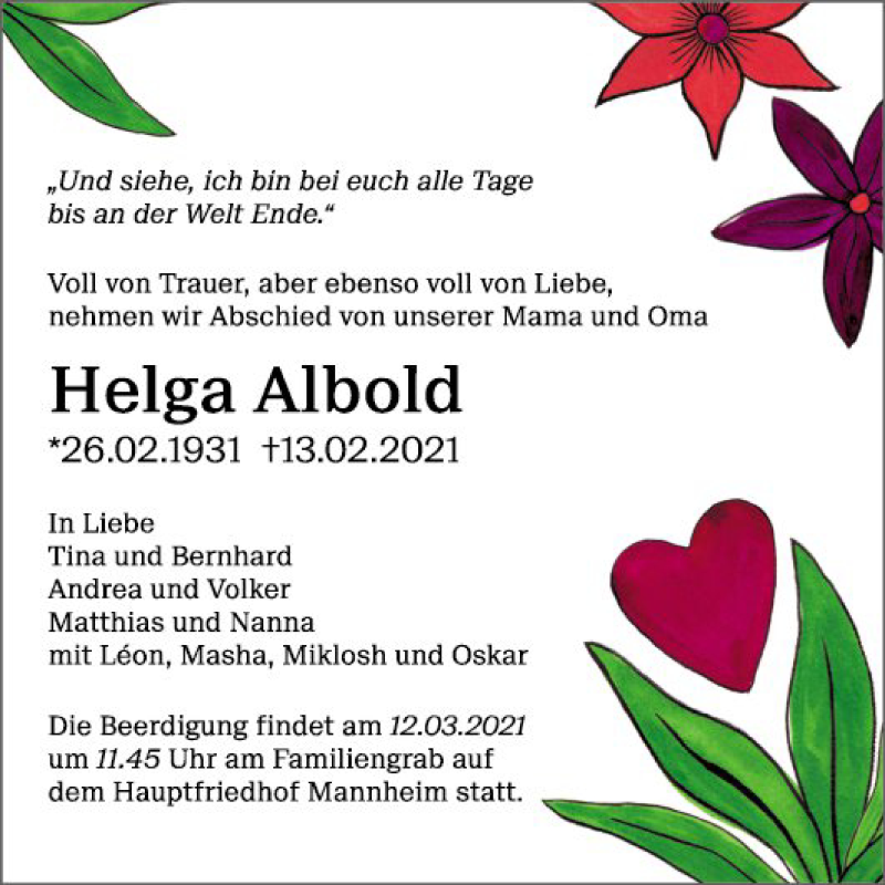  Traueranzeige für Helga Albold vom 27.02.2021 aus Mannheimer Morgen