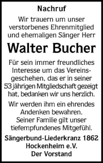 Traueranzeige von Walter Bucher von Schwetzinger Zeitung
