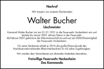 Traueranzeige von Walter Bucher von Schwetzinger Zeitung