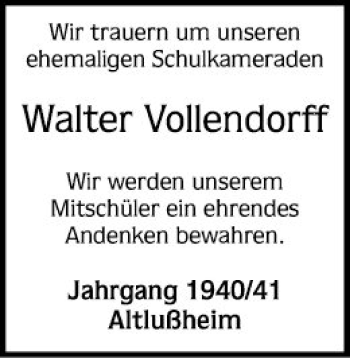 Traueranzeige von Walter Vollendorff von Schwetzinger Zeitung
