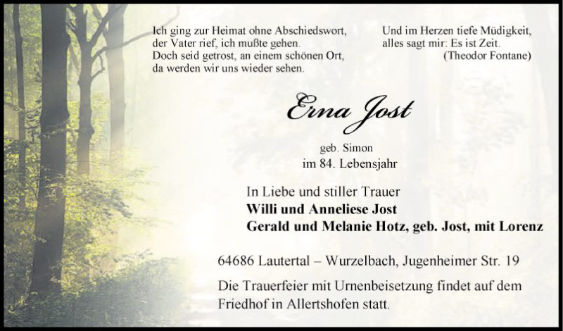  Traueranzeige für Erna Jost vom 20.02.2021 aus Bergsträßer Anzeiger