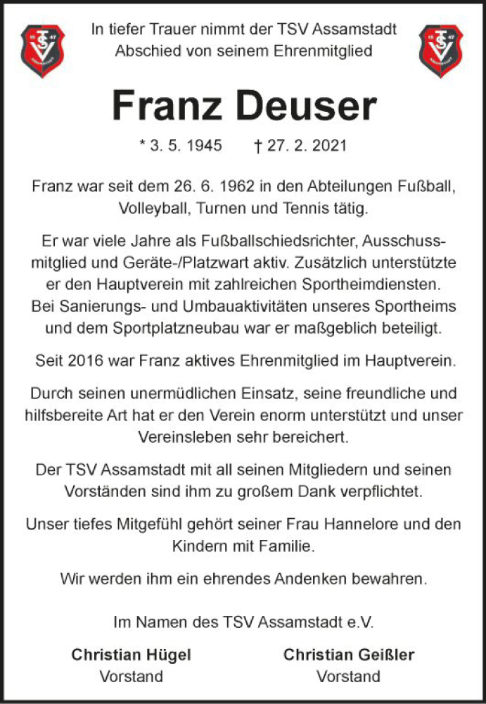  Traueranzeige für Franz Deuser vom 03.03.2021 aus Fränkische Nachrichten