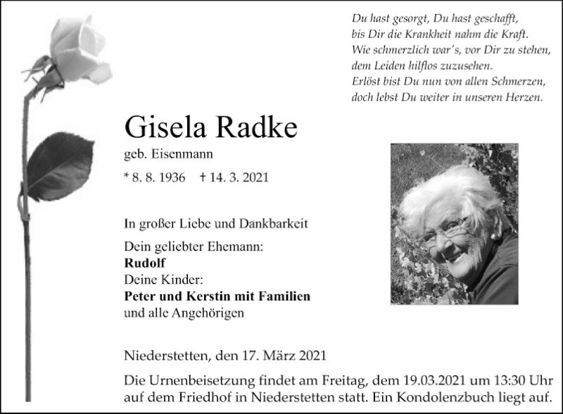  Traueranzeige für Gisela Radke vom 17.03.2021 aus Fränkische Nachrichten